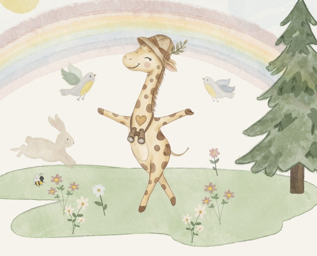 A Gigi dançando sob um arco-íris com coelhos e passarinhos