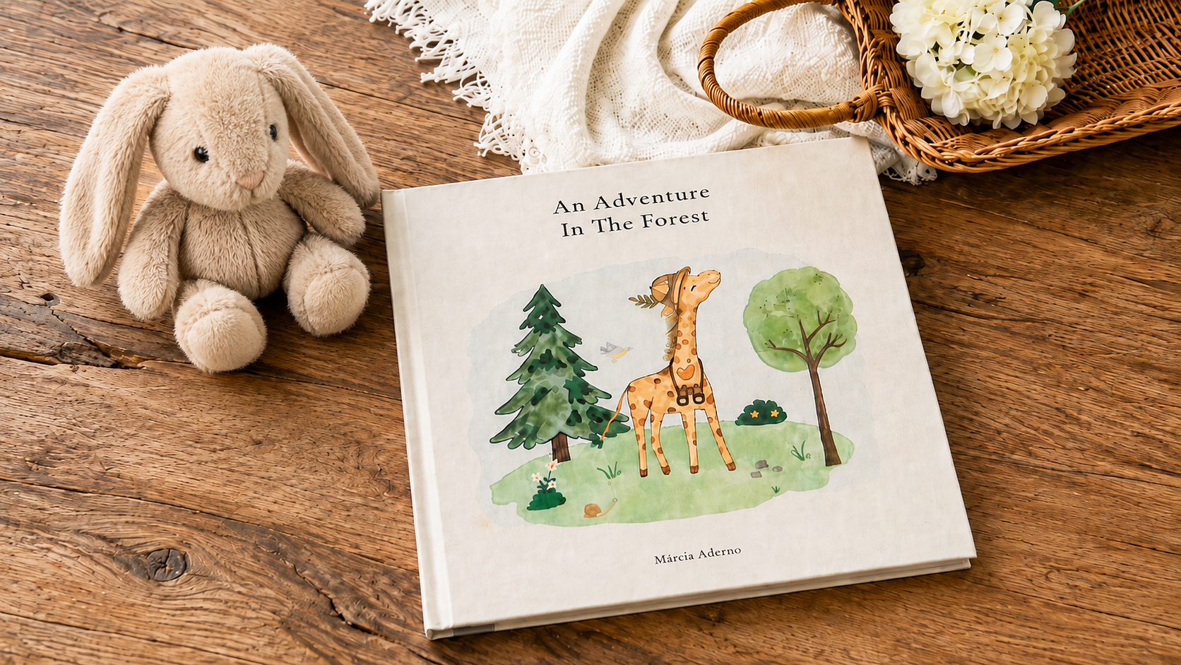 Uma Aventura na Floresta, livro ilustrado em capa dura, sobre o chão de madeira, ao lado de um coelho de pelúcia e uma cesta com flores