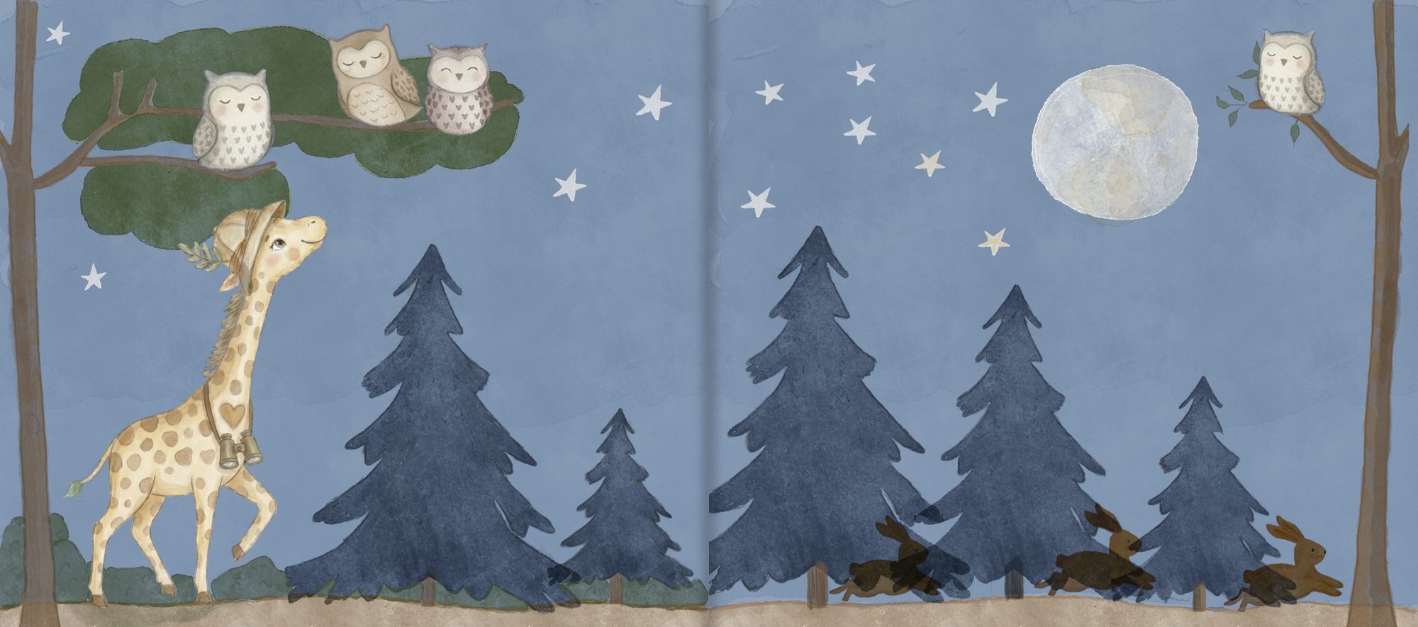 Uma página dupla do livro: a Gigi olhando três corujas, e a lua e as estrelas sobre a floresta